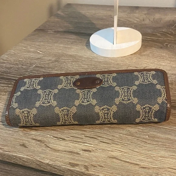 Celine Vintage Macadam Blue Denim Brown Leather Trim Wallet 7.25x4 EUC - Picture 7 of 15